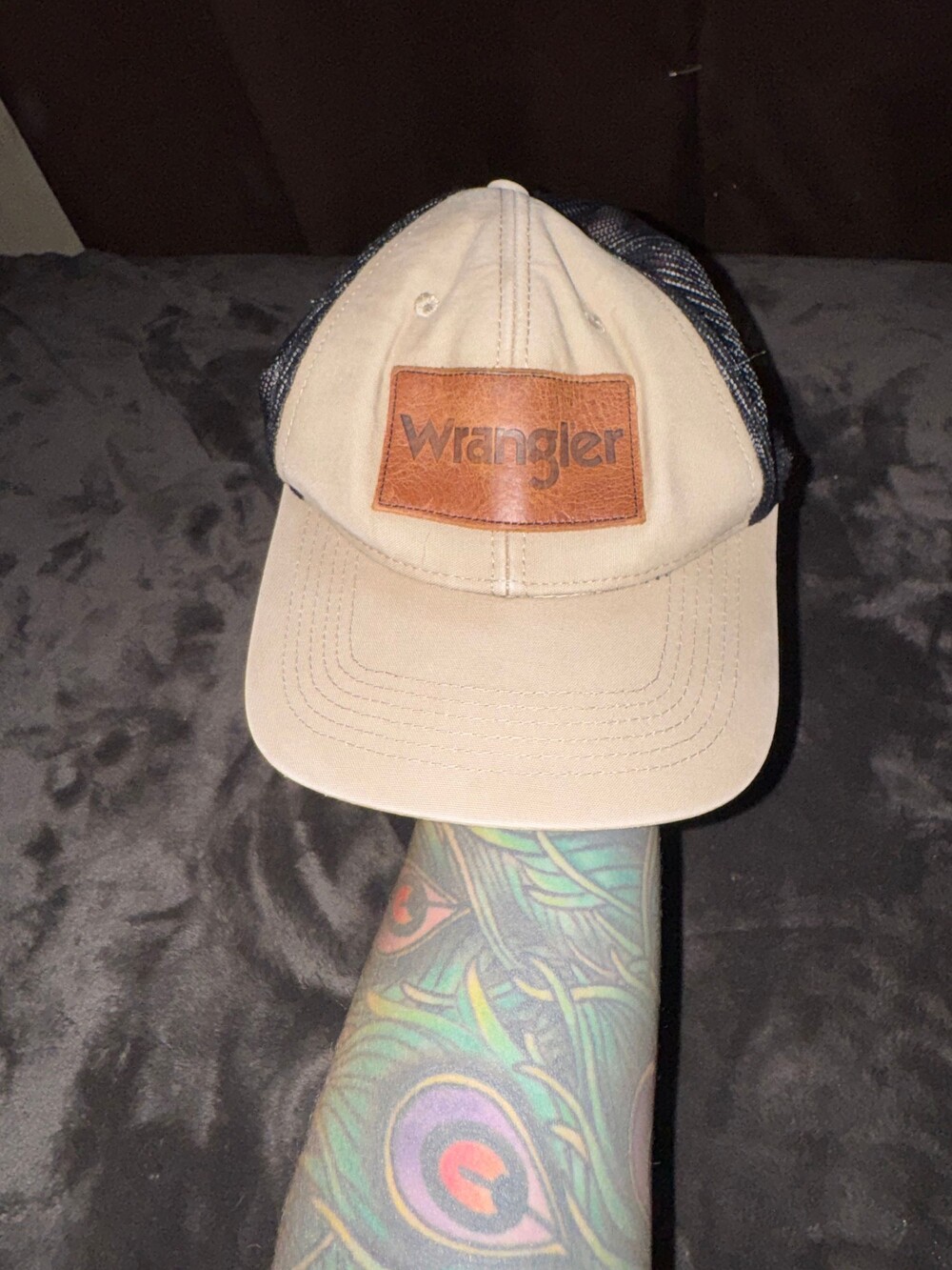 Wrangler Adjustable Trucker Hat Tan Black Leather Patch